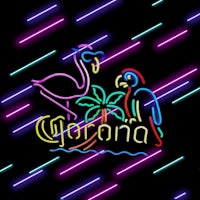 neon sign with flamingos and palm trees